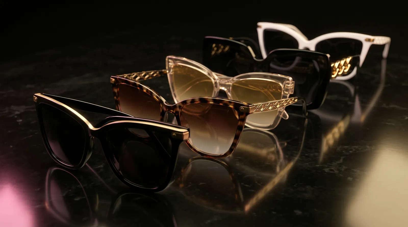 AnayaD sunglasses collection on black marble — black cat-eye, tortoise, champagne, bold square and white frames