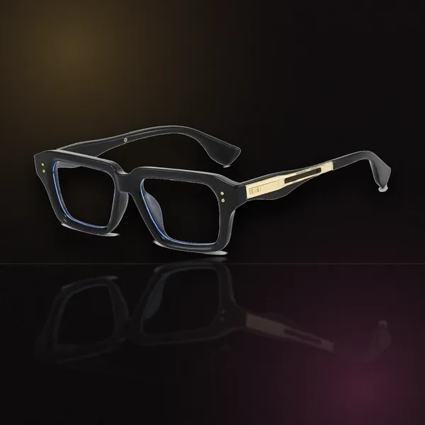 The Madison — bold black square frame with gold engraved temples and clear lenses