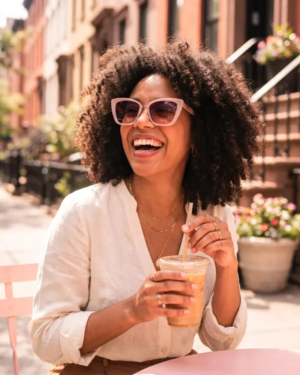 Woman laughing at a West Village café wearing the Blush Sunset cat-eye sunglasses