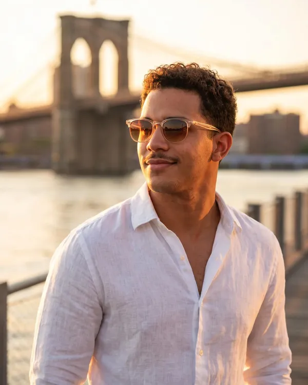 Man on the Brooklyn waterfront at sunset wearing the Retro Club sunglasses