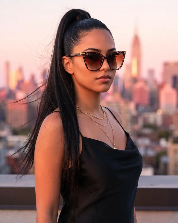 Woman on a Manhattan rooftop at sunset wearing the Tortoise Cat-Eye sunglasses